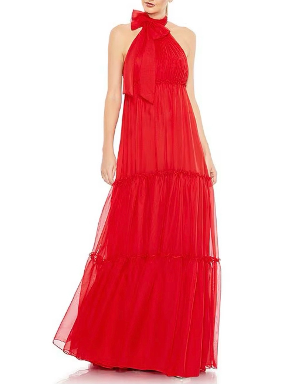 Ieena for Mac Duggal Ruched Tiered High Neck Bow A Line Gown-4